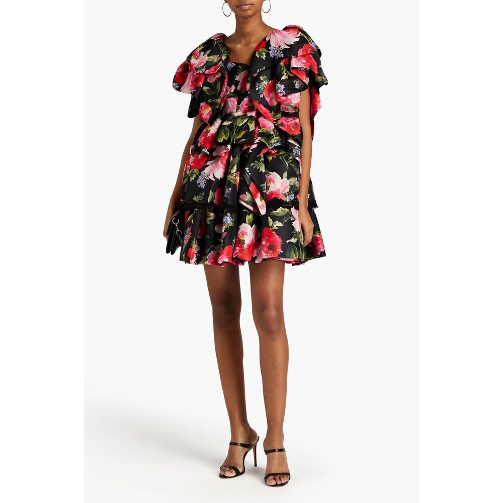 Dolce & Gabbana Silk Floral Ruffle Tiered Mini Dress New US Size 6